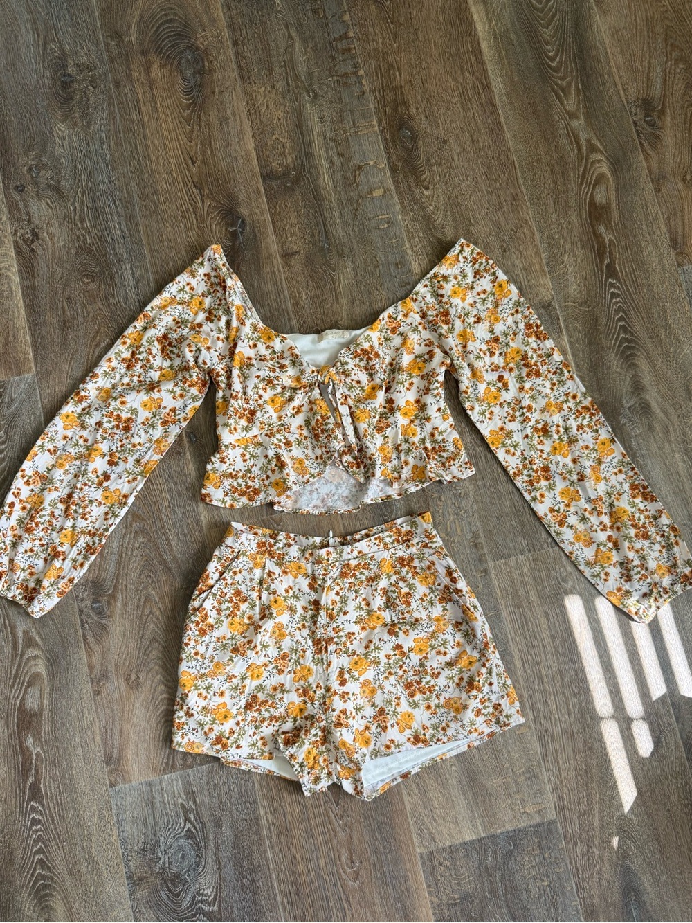 Altar'd State White Floral Tie-Front Long Sleeve Crop Top & Shorts Set